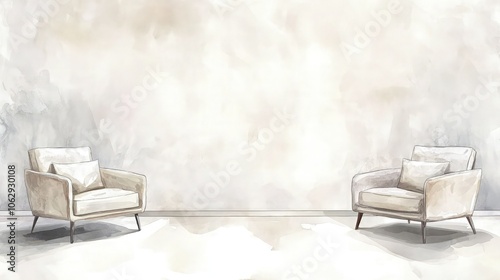 Fototapeta Naklejka Na Ścianę i Meble -  Watercolor Interior with Modern Armchairs and Neutral Wall – Minimalist Artistic Room Illustration for Design, Decor, or Conceptual Backgrounds.