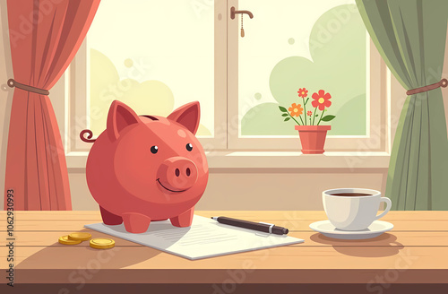 On the desktop against the background of the window there is a smiling pink piggy bank next to it a cup of coffee or tea, three coins or money, a pen and a document