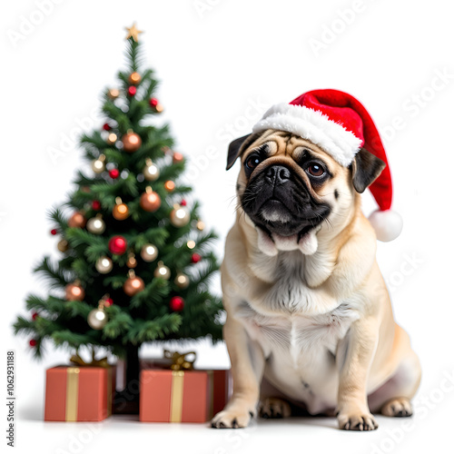 This adorable pug in a santa hat brings joy to the holiday season with its cheerful spirit, photorealistic of holiday theme concept.