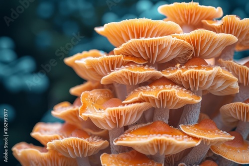 Close up of raw mushrooms against dark background with space for text or inscriptions