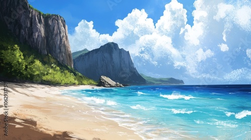 Tropical beach with turquoise waters and stunning island cliffs create a serene bay. The tropical beach scene invites relaxation, perfect for any creative project with ample copy space.