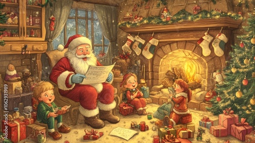 Children listening to Santa Claus telling stories in front of the fireplace