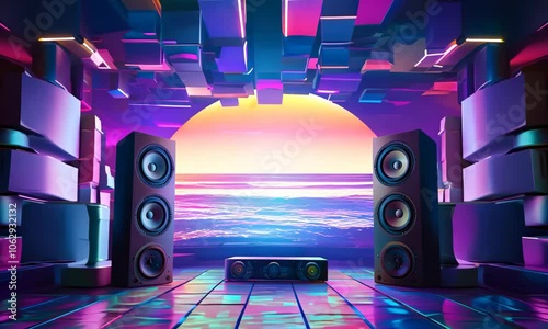 Modern abstract background with speakers and colorful lighting effects
