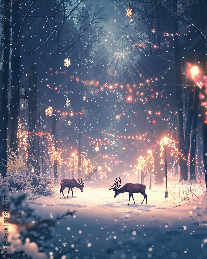 Enchanting Winter Wonderland with Snowy Forest and Illuminated Reindeer Scene Enchanting Winter Wonderland with Snowy Forest and Illuminated Reindeer Scene