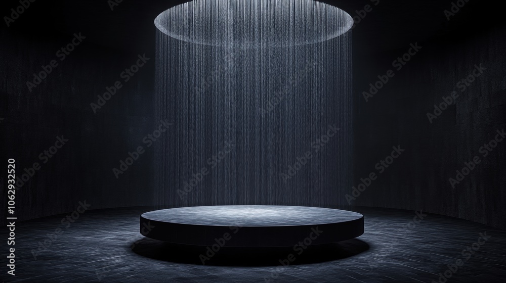 A dark, minimalist space with a circular platform and cascading light. A dark, minimalist space with a circular platform and cascading light.