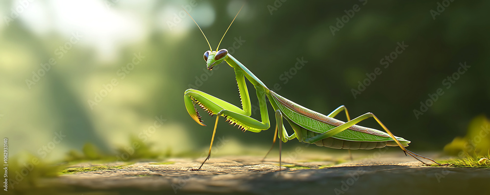 A detailed close-up of a green praying mantis with distinctive brown spots on its legs and wings, captured in a hyper-realistic style, showcasing its textured body and fierce gaze against a soft backg