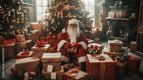 Santa's workshop with 5 big gift boxes on the left side, and 5 blank tags on the right table.