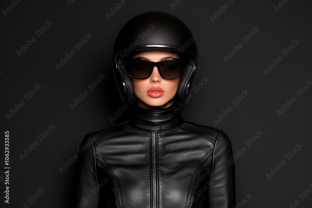 A woman wearing a black leather jacket, helmet, and sunglasses looking directly at the camera. A woman wearing a black leather jacket, helmet, and sunglasses looking directly at the camera.
