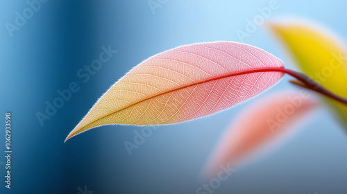 close up macro shot of colorful leaf showcasing vibrant hues of pink and yellow, set against soft blue background, evoking sense of tranquility and nature beauty