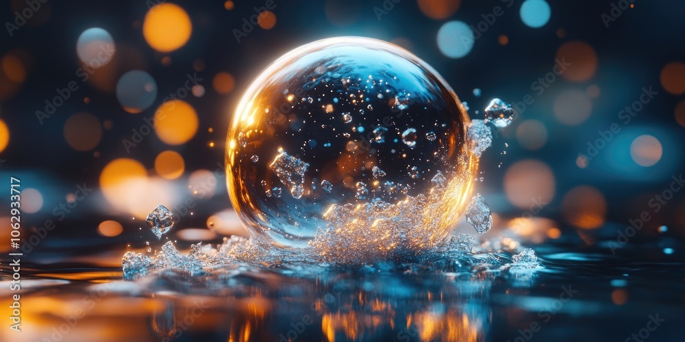 Background wallpaper featuring soap bubble molecules, showcasing a large sphere with atom particles, crystal like atoms, and a macro view of glass water gems in a splashing design.