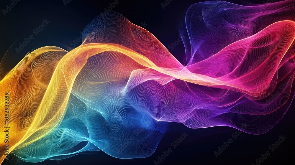 Obraz premium Vibrant glow waves create a captivating abstract pattern on a dark background, providing a colorful and dynamic visual experience with ample space for design elements.