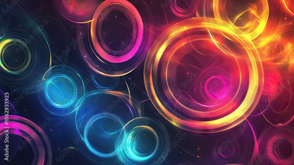 Abstract colorful circular shapes emit a glowing light against a dark background, creating a striking visual effect. This image emphasizes abstract colors and forms with ample space for design. Abstract colorful circular shapes emit a glowing light against a dark background, creating a striking visual effect. This image emphasizes abstract colors and forms with ample space for design.