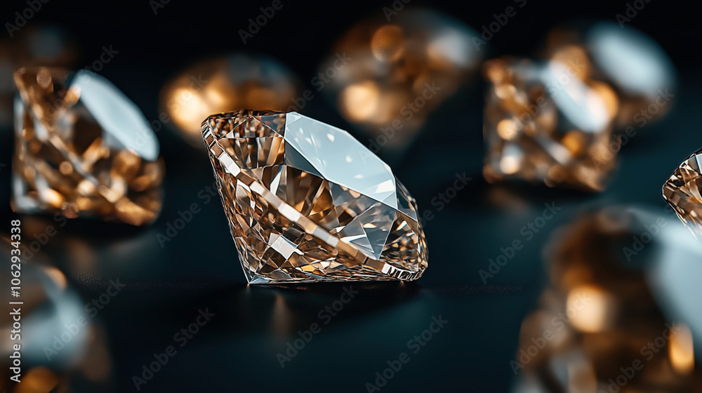 Close-up of multiple shiny diamonds with a shallow depth of field, focusing on a prominent diamond in the foreground, displaying its reflective facets and clarity on a dark surface. Close-up of multiple shiny diamonds with a shallow depth of field, focusing on a prominent diamond in the foreground, displaying its reflective facets and clarity on a dark surface.