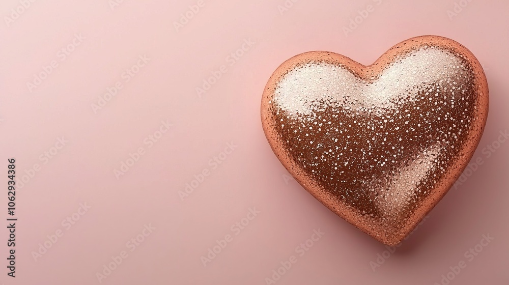 Glittery rose gold heart on a soft pink background, perfect for romantic themes. Glittery rose gold heart on a soft pink background, perfect for romantic themes.