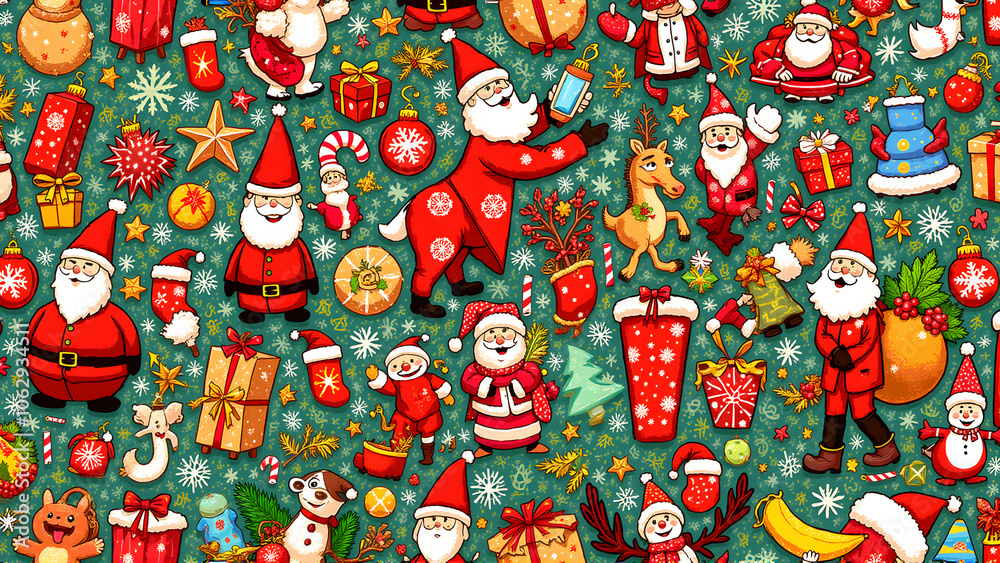Christmas pattern with Santa Claus, festive mood, celebrating holiday on colorful background
Christmas pattern with Santa Claus, festive mood, celebrating holiday on colorful background