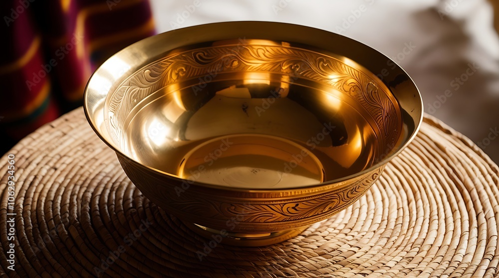 A golden bowl with an intricate design sits on a woven mat. A golden bowl with an intricate design sits on a woven mat.
