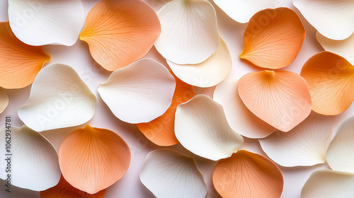 Delicate petals in soft shades of orange and white create serene and calming composition, perfect for botanical themes and nature inspired designs