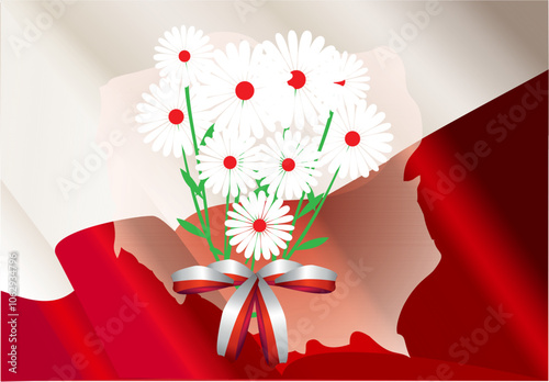 composition with flag and white and red flowers