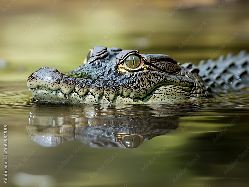 A crocodile lurking beneath the surface of a swamp barely visible except for its eyes above the water A crocodile lurking beneath the surface of a swamp barely visible except for its eyes above the water
