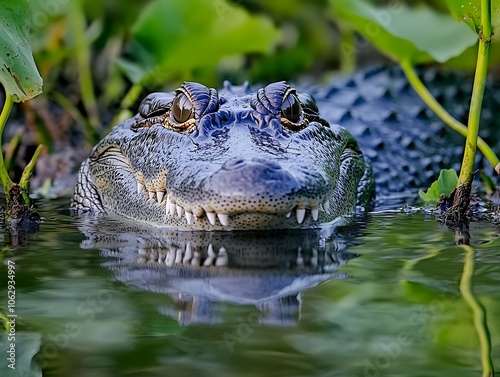 A crocodile lurking beneath the surface of a swamp barely visible except for its eyes above the water