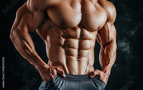 Fit male torso with visible six-pack abs and toned chest, detailed focus on muscular structure and definition