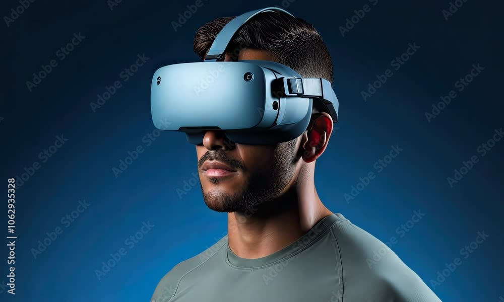 Man using virtual reality headset in a dark setting Man using virtual reality headset in a dark setting