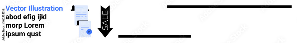 Arrow labeled SALE points downwards, next to document with text blocks and bullet points. Ideal for retail promotions, advertisements, marketing materials, e-commerce websites, business Arrow labeled SALE points downwards, next to document with text blocks and bullet points. Ideal for retail promotions, advertisements, marketing materials, e-commerce websites, business