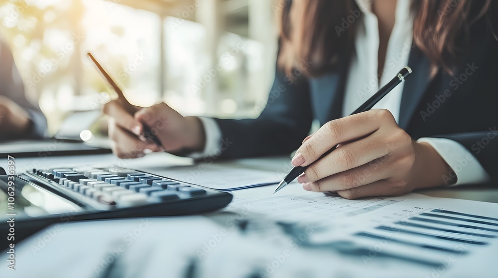 Businesswoman Analyzing Financial Data with Calculator and Pen Businesswoman Analyzing Financial Data with Calculator and Pen