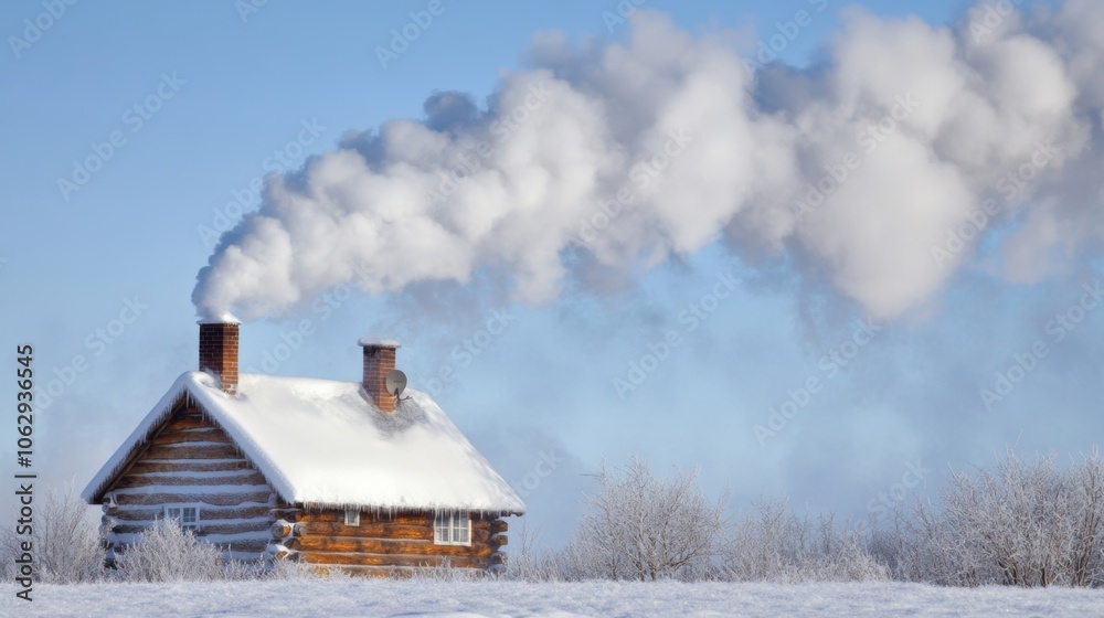 Cozy Cabin in Winter with Smoke Rising from Chimney Snowy Landscape Cozy Cabin in Winter with Smoke Rising from Chimney Snowy Landscape