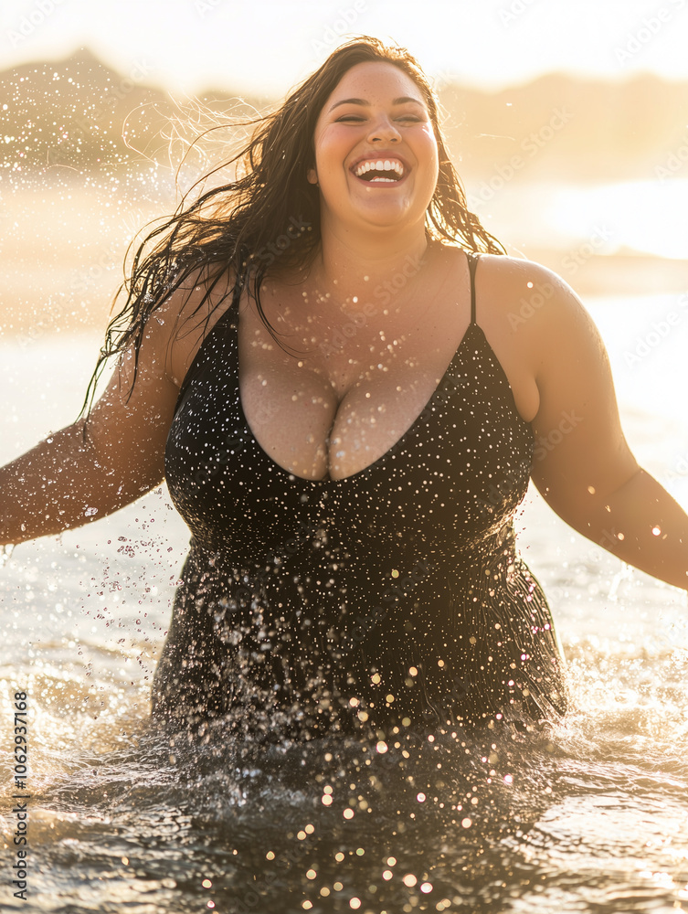 Obraz premium A plus-size woman enjoying the sea, embracing the waves with confidence and freedom