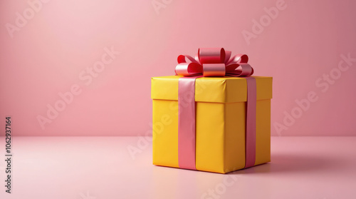 Elegant Wrapped Gift Box with Colorful Ribbon on Vibrant and Minimalist Background for Celebrations and Occasions