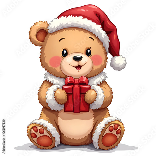 Celebrate the season with a cheerful bear holding a gift full of love and joy, digital illustration of character design concept.