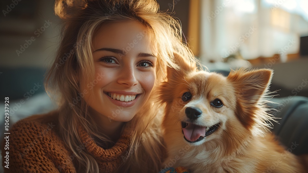 a cheerful woman playing with her small dog in the living room. bond of companionship. woman playing with dog at home a cheerful woman playing with her small dog in the living room. bond of companionship. woman playing with dog at home
