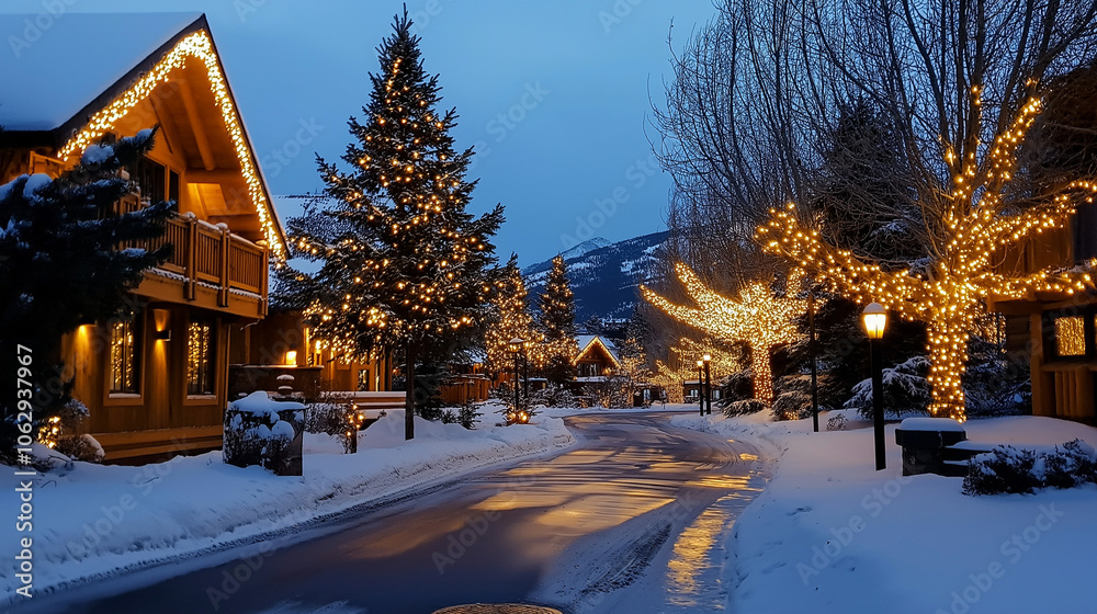 Twinkling fairy lights on trees along a snowy street, enhancing festive winter spirit Twinkling fairy lights on trees along a snowy street, enhancing festive winter spirit