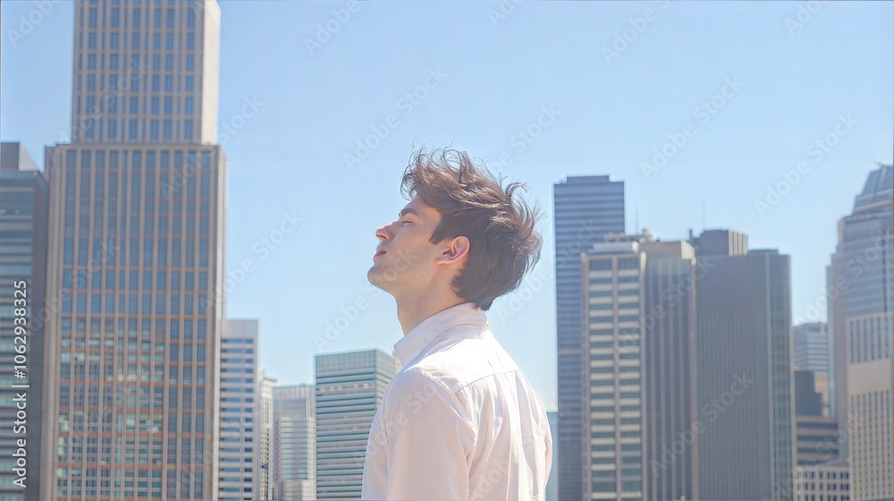 Young Professional Enjoying Break on Urban Office Rooftop with City Skyline in Background