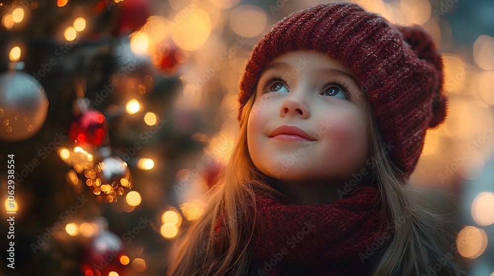 a young girl in cozy holiday attire standing beside a decorated christmas tree adorned with ornaments, twinkling lights, and garlands. young girl beside christmas tree a young girl in cozy holiday attire standing beside a decorated christmas tree adorned with ornaments, twinkling lights, and garlands. young girl beside christmas tree