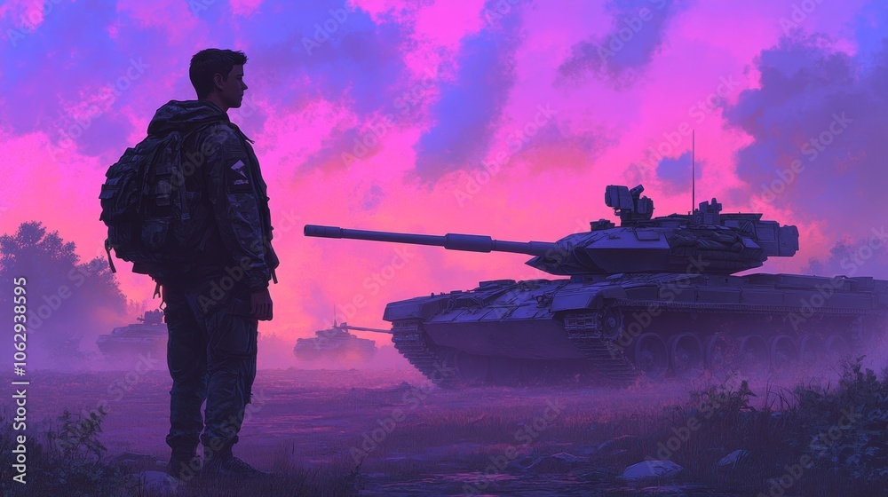 Soldier Silhouette Against Pink Sky with Tanks and Fog Soldier Silhouette Against Pink Sky with Tanks and Fog