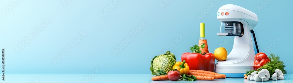 Food processor with vegetables on a blue background. Food processor with vegetables on a blue background.