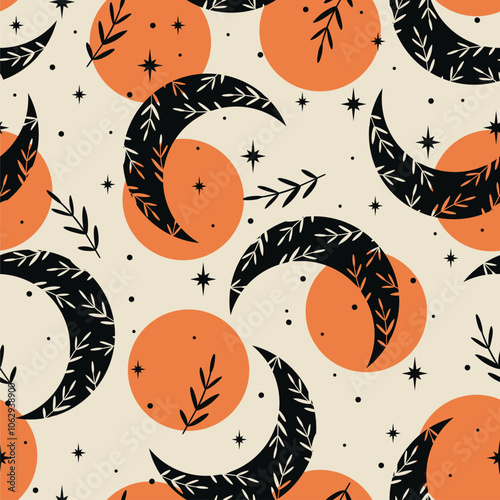Boho seamless pattern. Magic background with space elements stars, crescent and herbs. 
