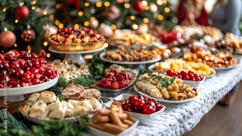 Christmas Festive Buffet Table with Appetizers Desserts and Christmas Tree Decor