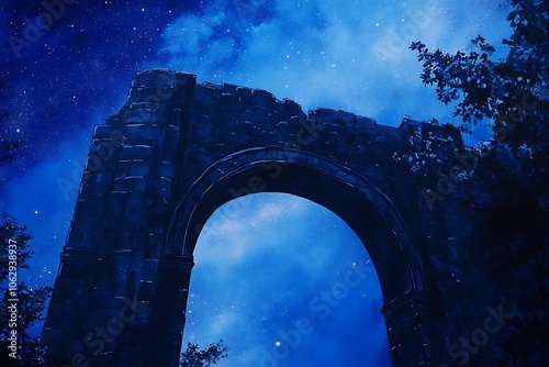 A stone archway frames a night sky filled with stars. photo