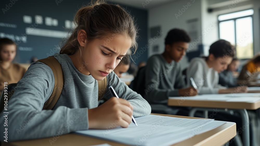 Students taking exams with focus and determination in classroom environment Students taking exams with focus and determination in classroom environment