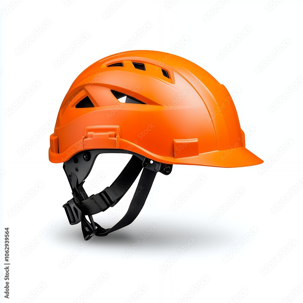 An orange hard hat with a black adjustable chin strap. An orange hard hat with a black adjustable chin strap.
