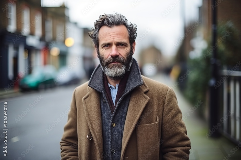Portrait of a handsome middle aged man with grey beard wearing a coat in a street Portrait of a handsome middle aged man with grey beard wearing a coat in a street