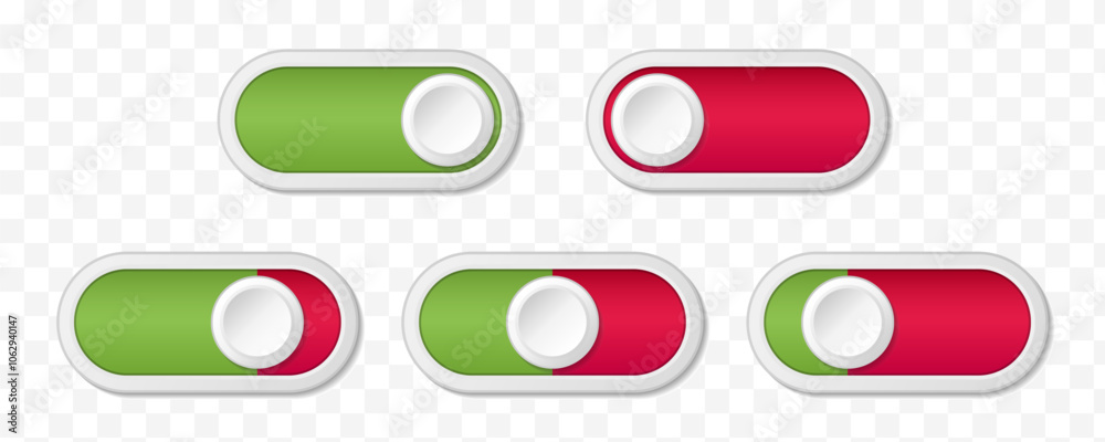 On and Off toggle switch button set on white background On and Off toggle switch button set on white background