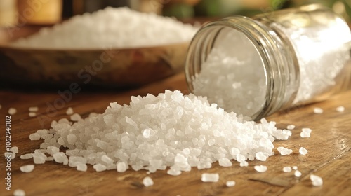 Sea Salt in Glass Container on Wooden Table