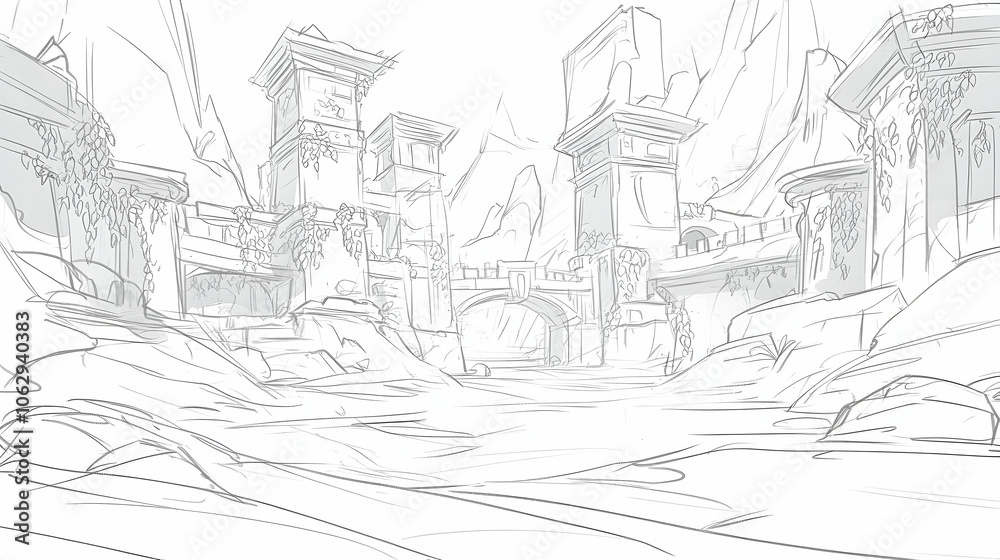 Sketch of an ancient city with stone buildings and a bridge over a river.
