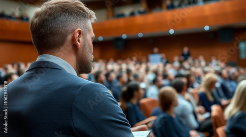 Focused audience in a conference hall listening to a speaker at a business event