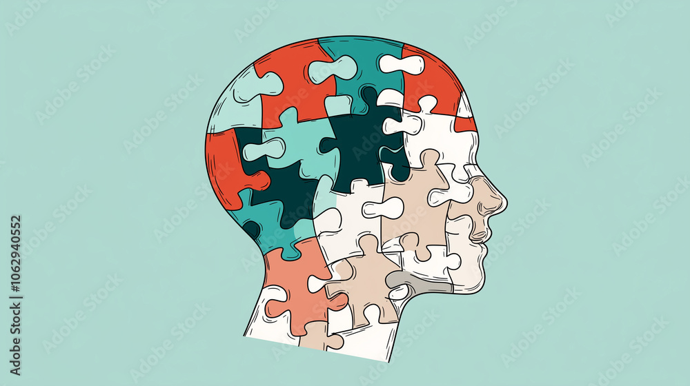 Human head profile with jigsaw puzzle pieces, symbolizing cognitive psychology and mental health Human head profile with jigsaw puzzle pieces, symbolizing cognitive psychology and mental health