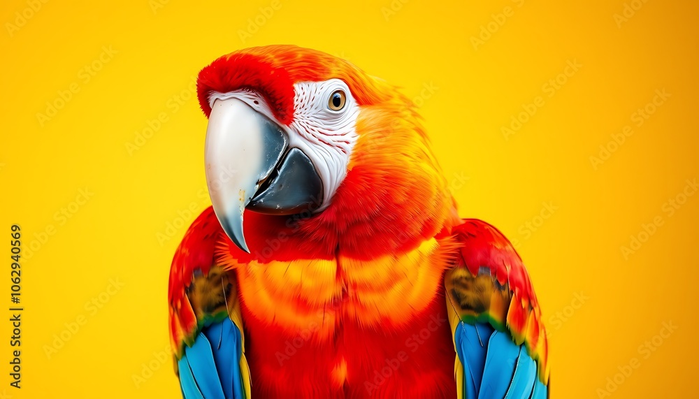 Fototapeta premium Red Macaw Parrot Close Up on Yellow Background,